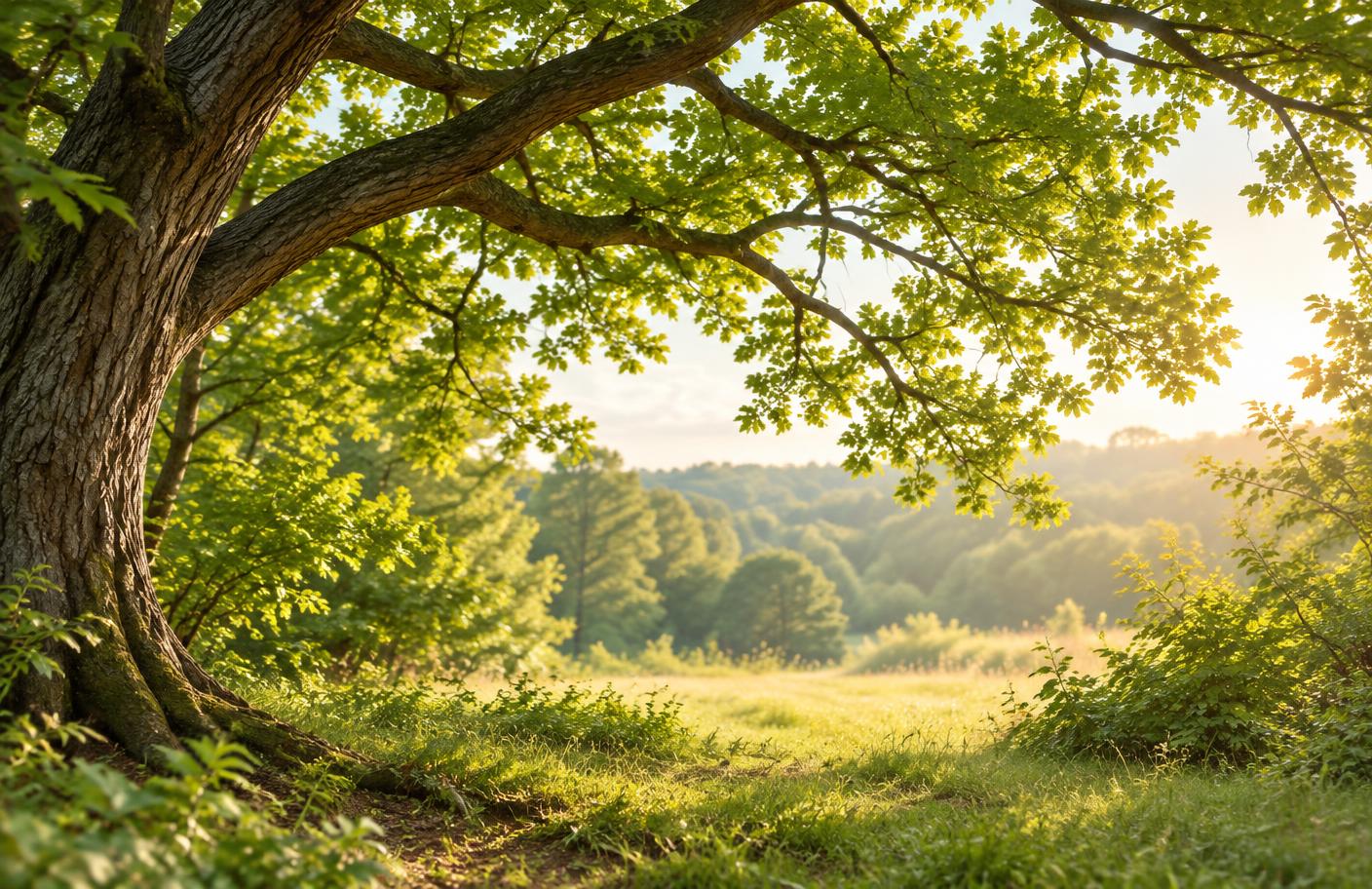 A bright woodland clearing surrounded by trees