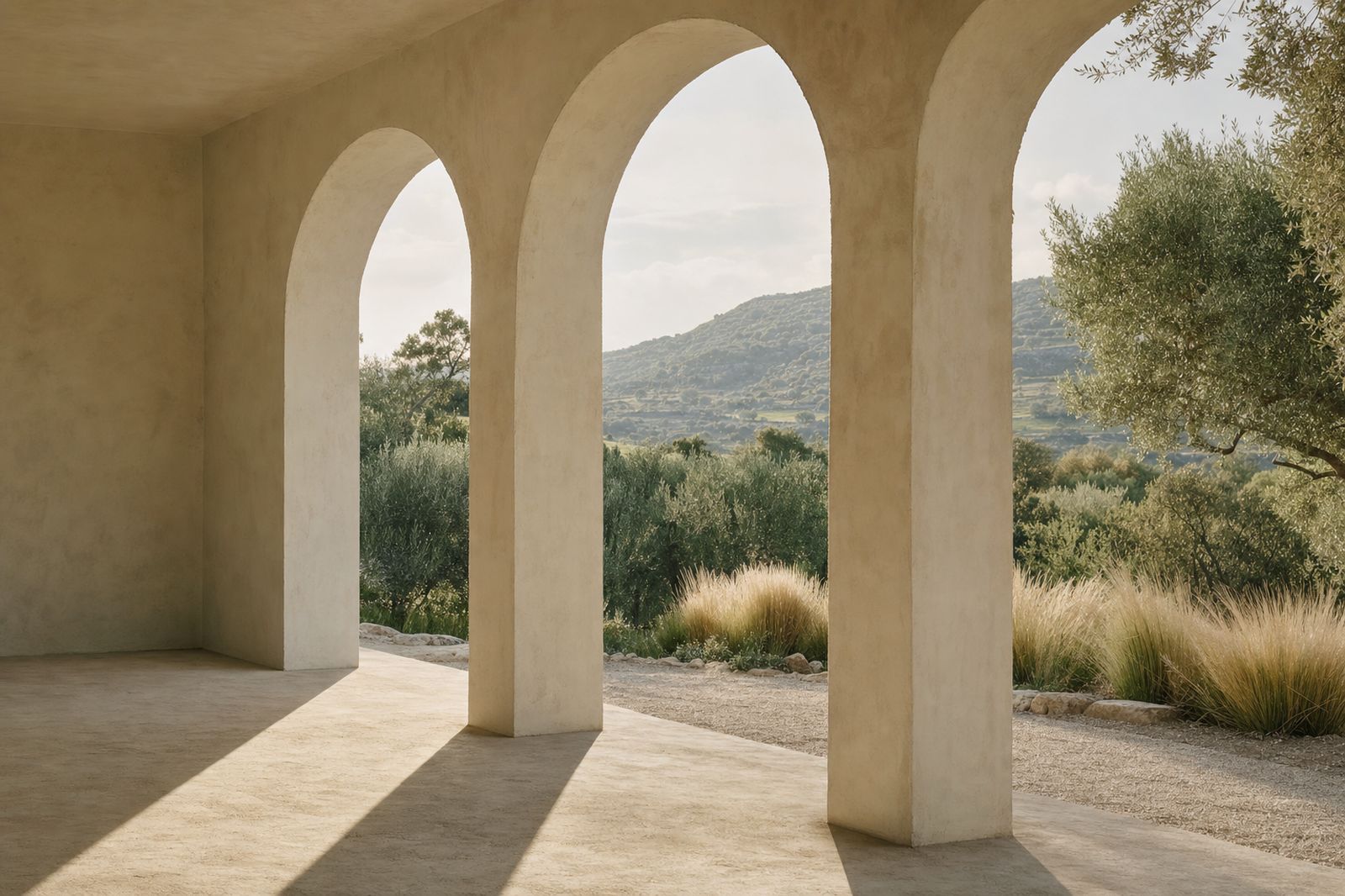 An open garden loggia looking onto lush greenery