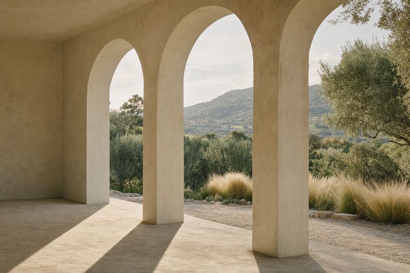 An open garden loggia looking onto lush greenery