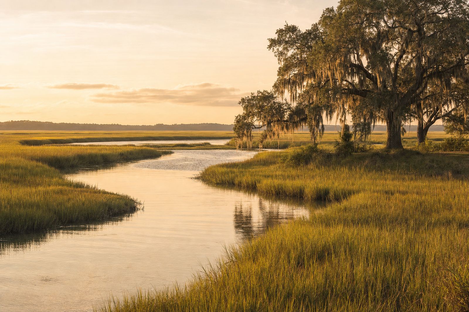 Live oaks overlooking a bright coastal marsh