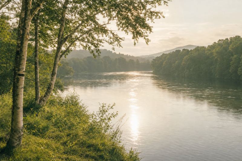 A quiet river bending through a wooded landscape