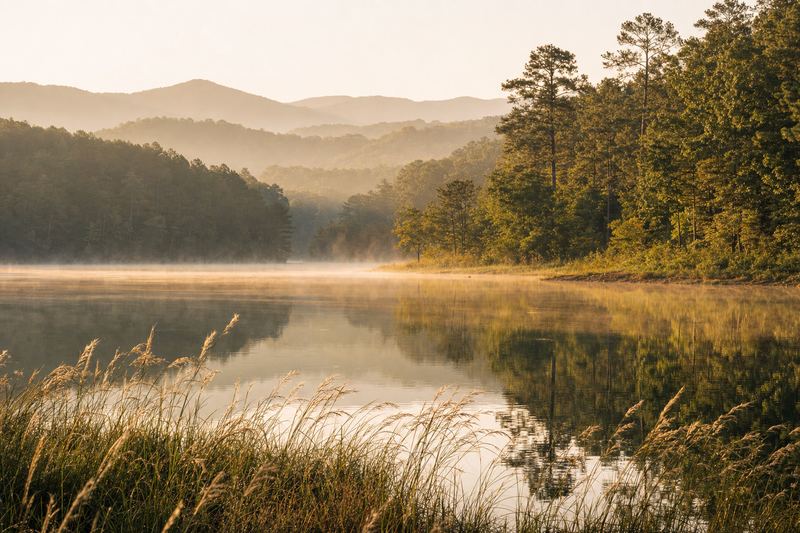 A still lake reflecting trees in soft morning light
