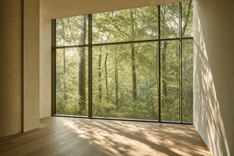 A warm window framing a peaceful forest